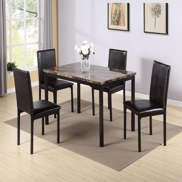 Seafuloy Black Metal Dinning Set with Faux Marble Top and 5-Piece