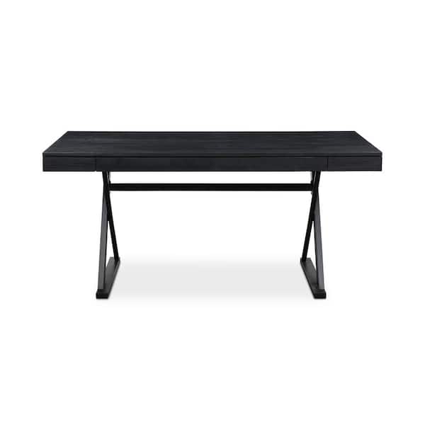 Fynn 63 in. Rectangular Black Solid Ash Desk with 3-Drawer Storage and Sculptural Steel Trestle Base