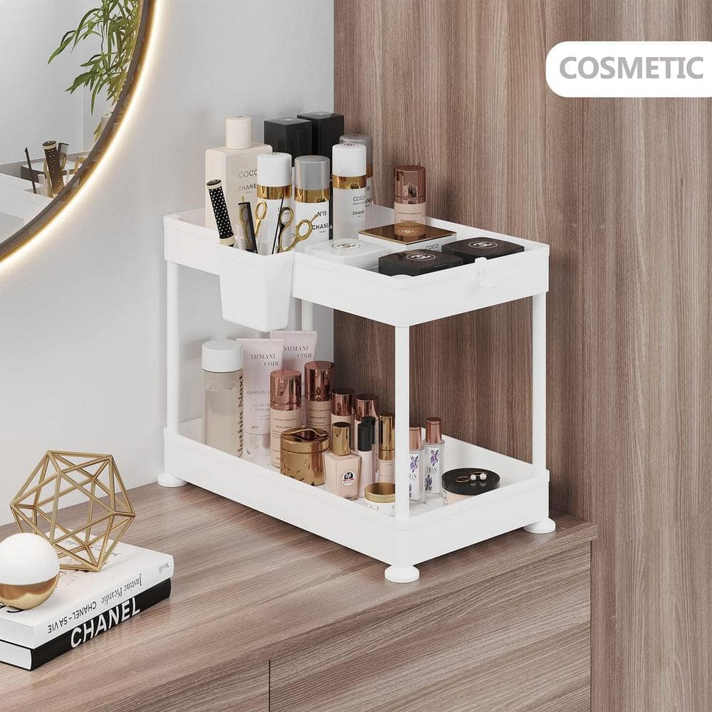 White Two-Tier Under Sink Organizer with Utility Hooks