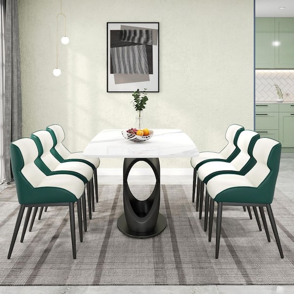 Set of 6 PU Leather Dining Chair Morden Desk Chair with Black Iron Legs in Green