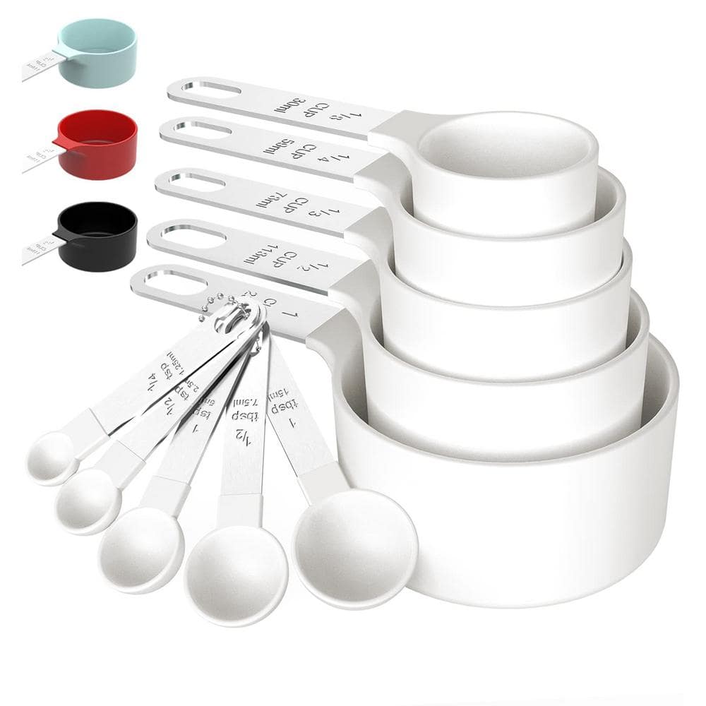 Premium 10-Piece White Plastic Measuring Cup Set with Stainless Steel Handl