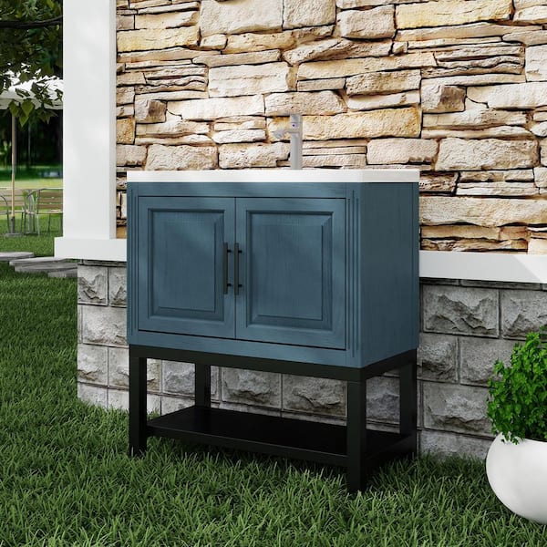 32 in. Blue Bath Vanity with Sink, Wood Storage Cabinet with White Ceramic Top Basin and Faucet Combo Set