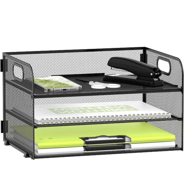 Black 12 in. x 11.22 in. Mesh 3-Tier Paper Organizer with Handle, Desk Letter Tray for A4 File Folder