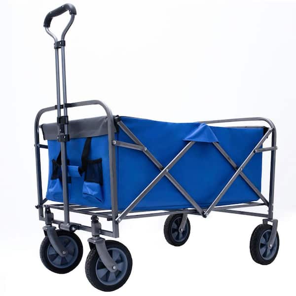 4.5 cu. ft. Blue Steel Garden Cart-Foldable Design, 4-Large Wheels, Adjustable Handle for Outdoor/Lawn/Yard