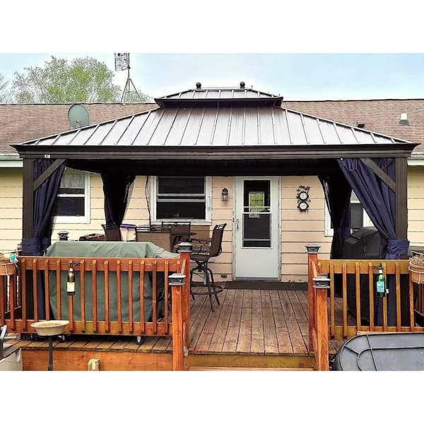 PURPLE LEAF 10 ft. x 14 ft. Patio Outdoor Gazebo for Backyard Hardtop Galvanized Steel Frame with Balls in Navy Blue