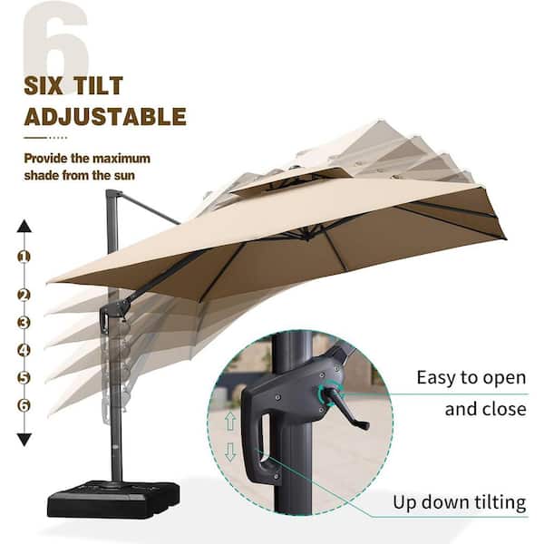 10 ft. Square 2-Tier Aluminum Cantilever 360° Rotation Patio Umbrella with Base, Taupe