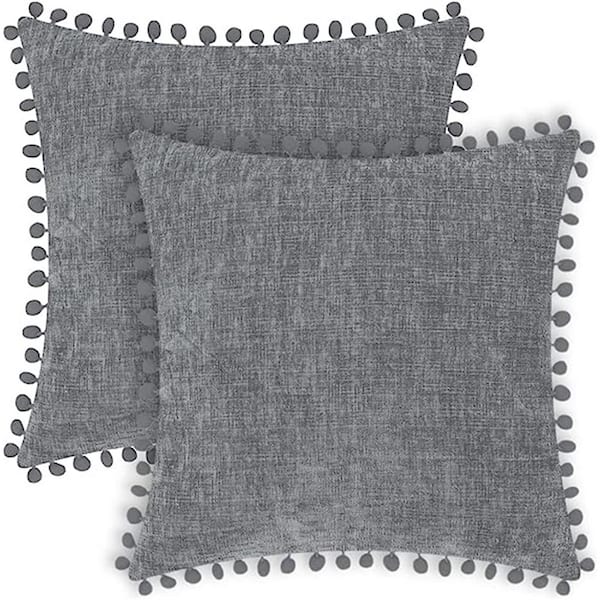 Unbranded Outdoor Throw Pillow Cases Pack of Solid Dyed Soft Chenille Cushion Covers with Pom Poms (2-pack)