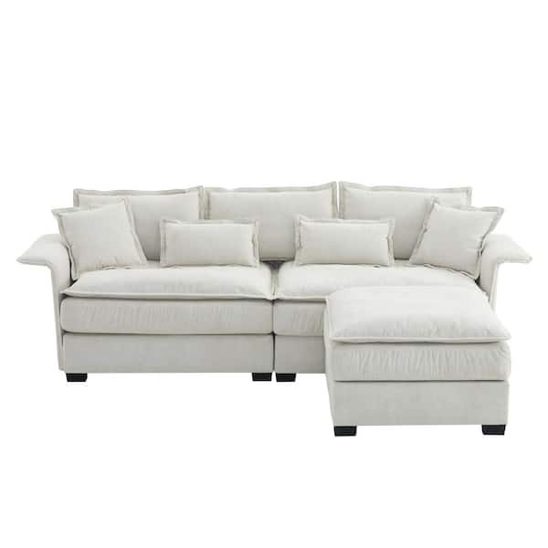 95 in Wide Rolled Arm Fabric L-Shaped Modern Double Cushions Sofa in Beige