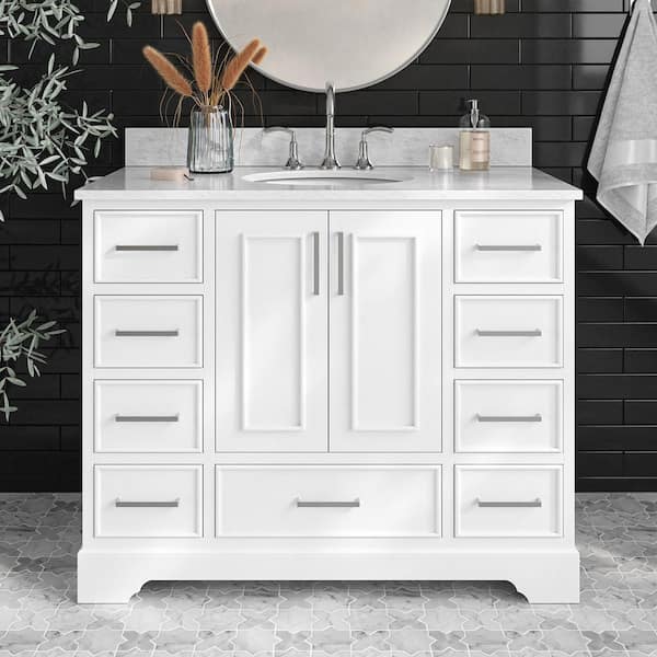 ARIEL Stafford 43 in. W x 22 in. D x 35.25 in. H Single Sink Freestanding Bath Vanity in White with Carrara White Marble Top