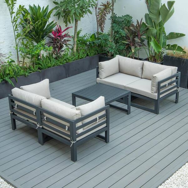 Leisuremod Chelsea Black 5-Piece Aluminum Patio Conversation Set with Beige Cushions