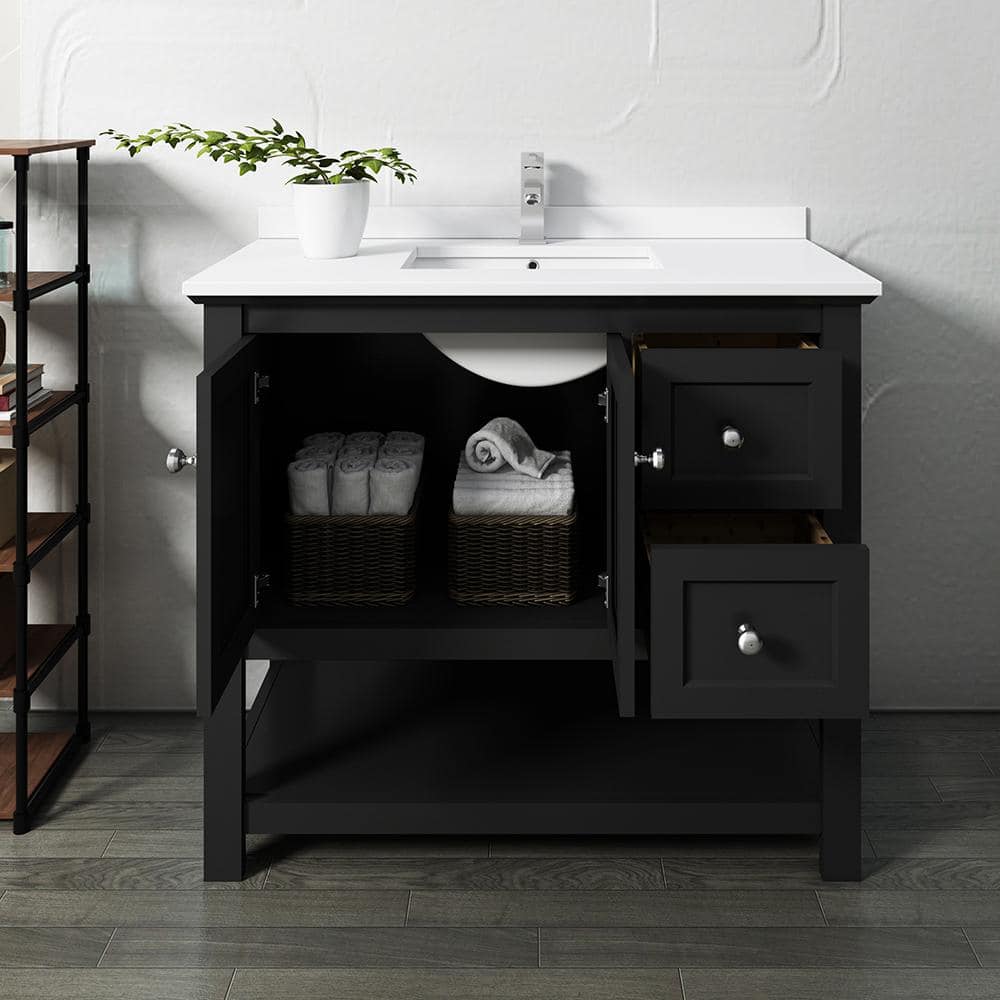 Elegant 42" Black Quartz Top Solid Wood Freestanding Vanity with Sink