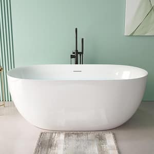 67 in. x 29.5 in. Acrylic Oval Free Standing Tub Flatbottom Soaking Freestanding Bathtub with Removable Drain in White