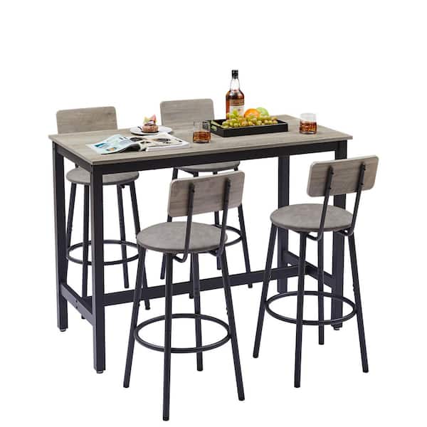 Xuanlur 5 Piece Bar Table Set with 4 Bar stools PU Soft seat with backrest, Grey，Seats 4