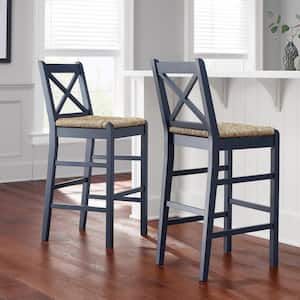 Dorsey Midnight Blue Wood Bar Stool with Back and Woven Rush Seat