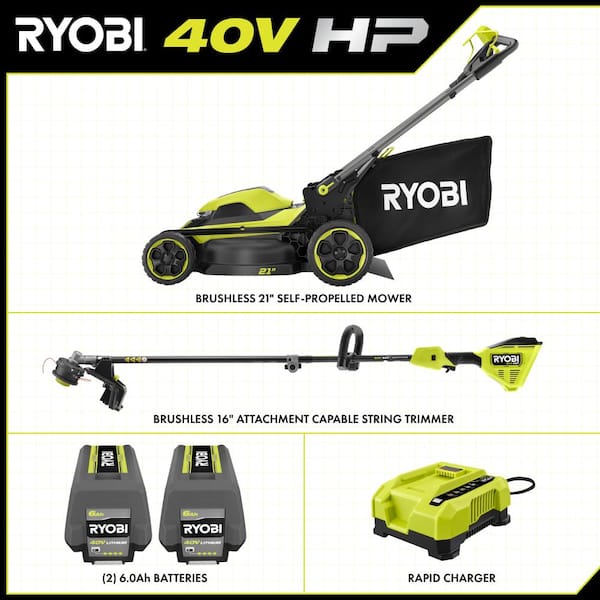 40V HP Brushless 21 in. Cordless Battery Walk Behind Self-Propelled Mower & String Trimmer-(2) 6.0Ah Batteries & Charger