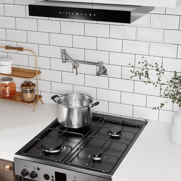 Residential Wall Mount Folding Pot Filler Kitchen Faucet with Dual Handles and Rotating Spout in Brushed Nickel