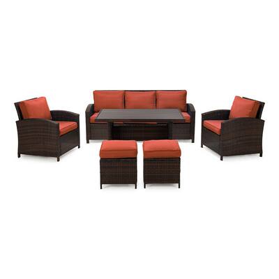 Damaris 6-Piece Wicker Patio Conversation Set with Orange Cushions