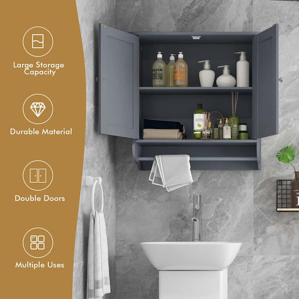 Costway Bathroom Wall Mount Storage Cabinet Single Door w/Height Adjustable  Shelf Grey