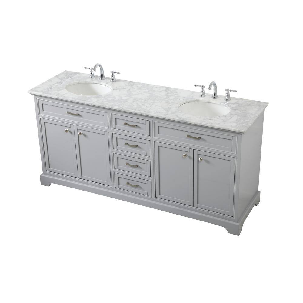 Gray Double Freestanding Solid Wood Bathroom Vanity with Marble Top
