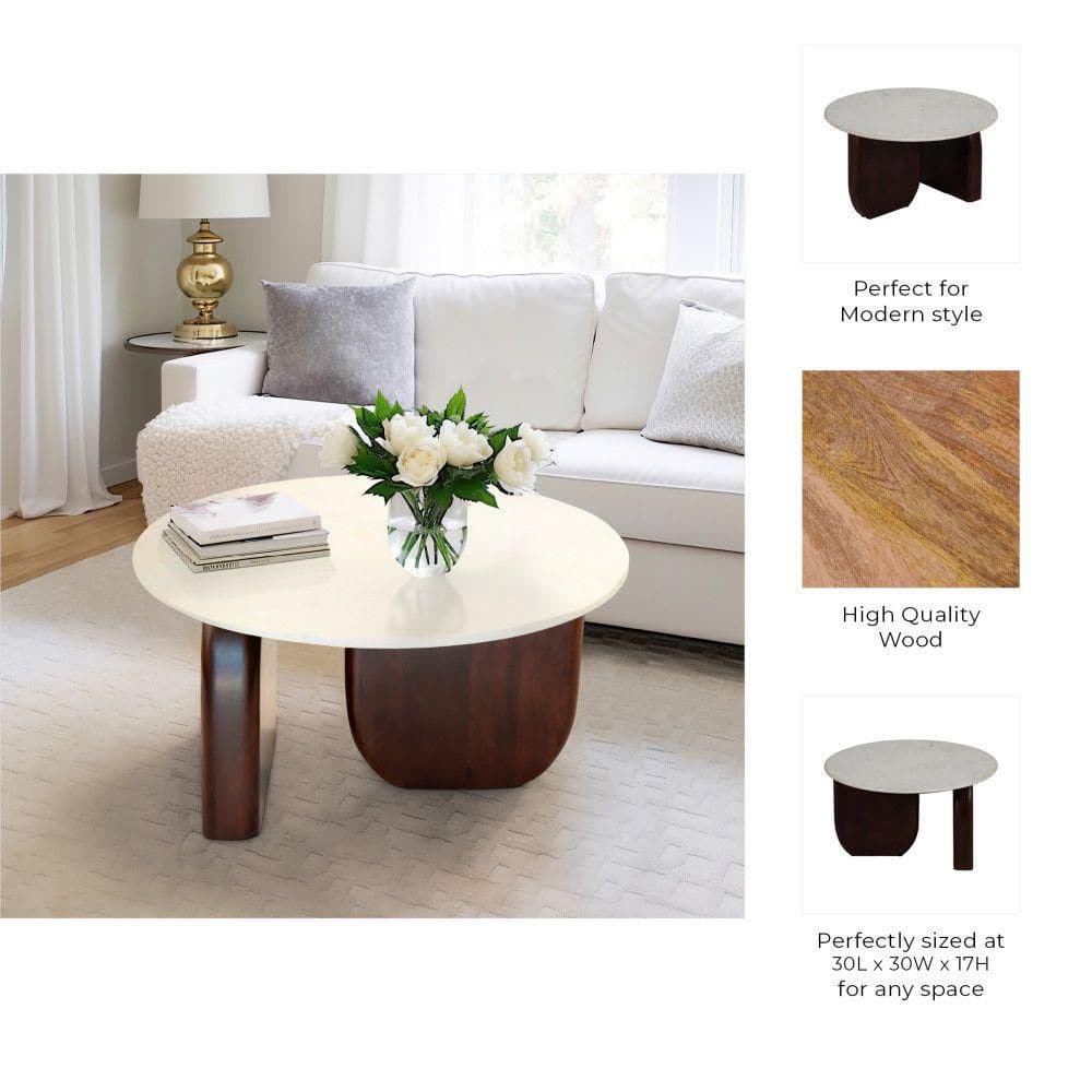 Round Walnut and White Marble Coffee Table, 30"