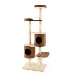 75 in. H Brown Wood Cat Tree with Condos, Perch, Scratching Post, Removable Cushions