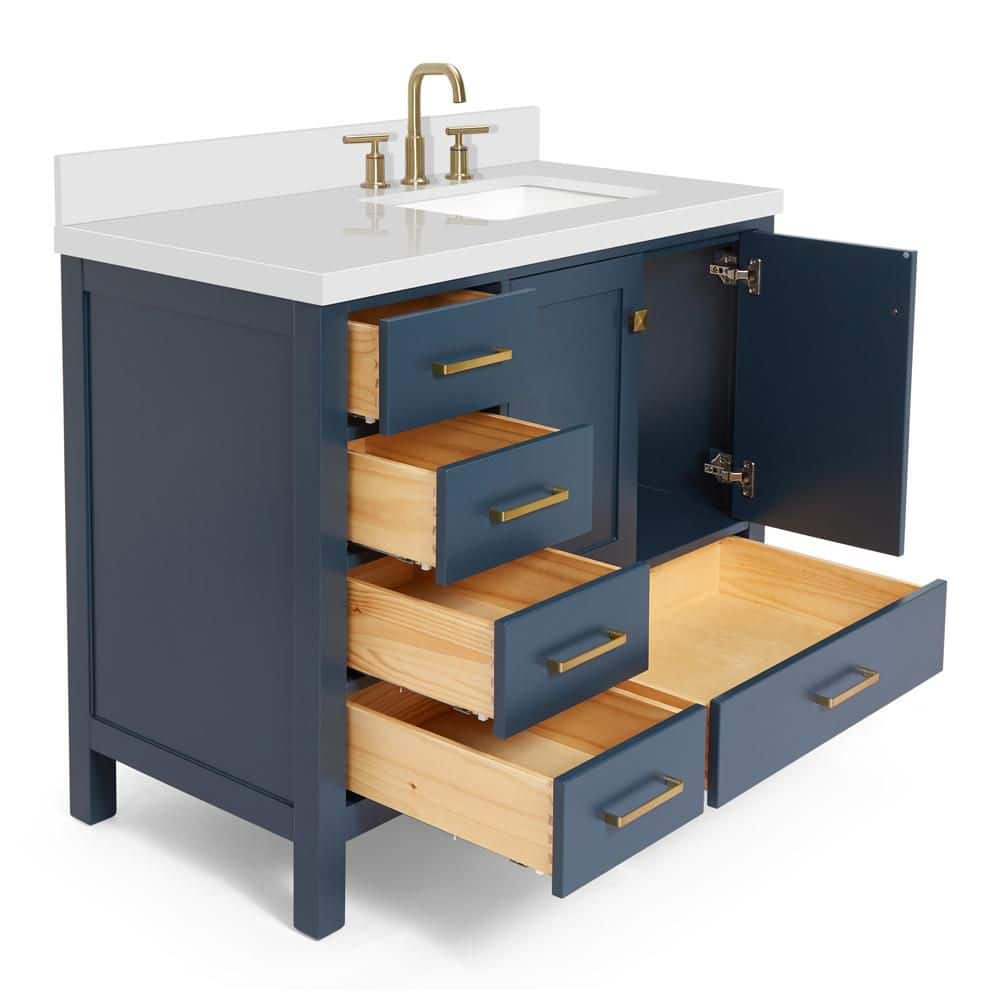 Midnight Blue 43" Freestanding Vanity with White Quartz Top