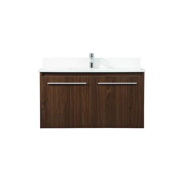 Unbranded Simply Living 36 in. W x 18 in. D x 19.7 in. H Bath Vanity in Walnut with Ivory White Engineered Marble Top