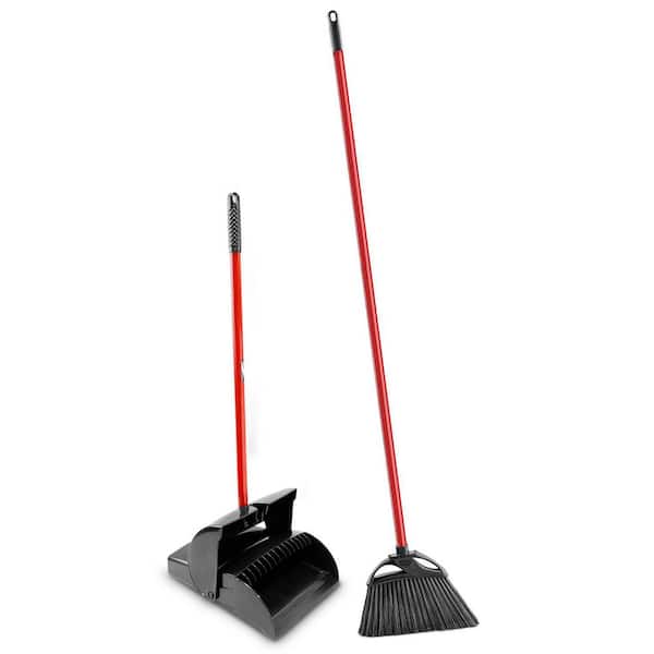 11 in. High Power Indoor/Outdoor Angle Broom with Steel Handle and Lobby Dustpan with Closed Lid Combo Set (4-Pack)