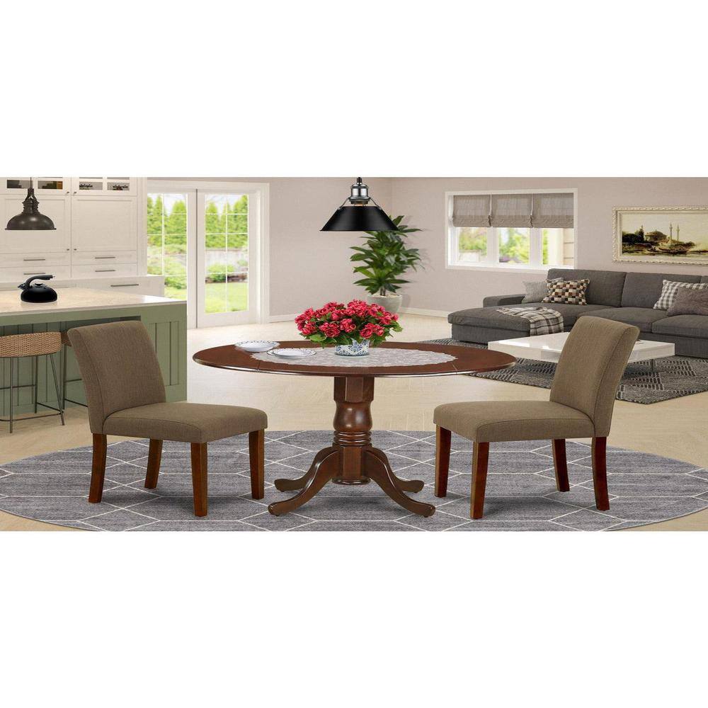 Mahogany Round Dining Table Set with Coffee Linen Chairs
