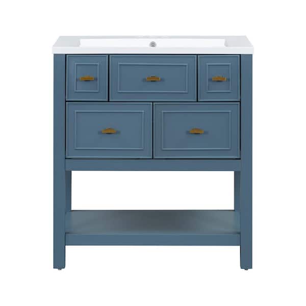 30 in. W Single Sink Freestanding Bath Vanity in Blue with White Ceramic Top