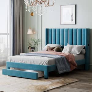 Blue Wood Frame Velvet Upholstered Full Size Platform Bed with a Big Drawer and 2-Small Pockets