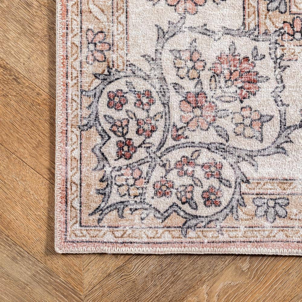 Ivory Floral Synthetic Washable Rectangular Area Rug