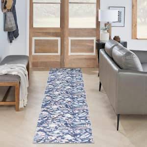 Washables Navy Multicolor 2 ft. x 10 ft. Botanical Traditional Runner Area Rug
