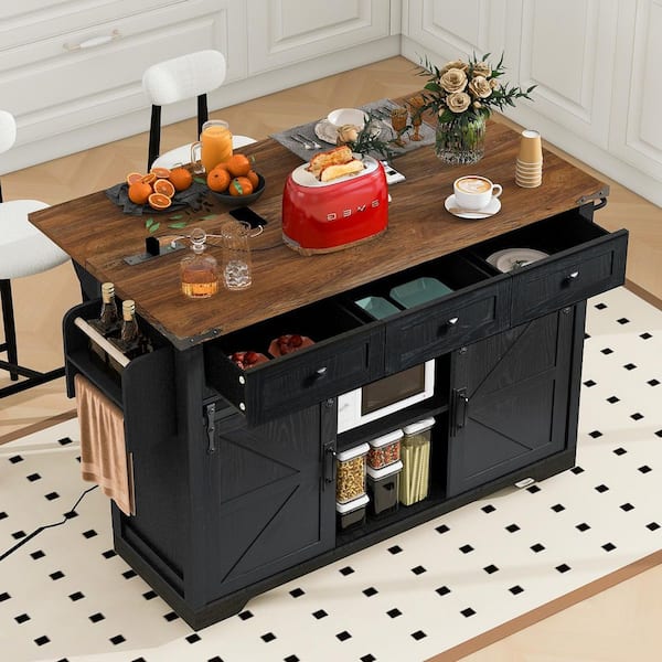 Coporesell Black Rubber Wood Kitchen Cart with Power Outlet and Drop Leaf