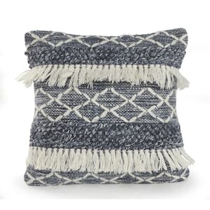 Fuzz Textured Navy / Ivory 20 in. x 20 in. Fringe Wool Standard Throw Pillow
