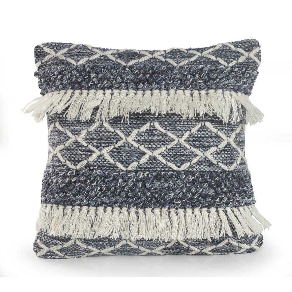 Fuzz Textured Navy / Ivory 20 in. x 20 in. Fringe Wool Standard Indoor Thro