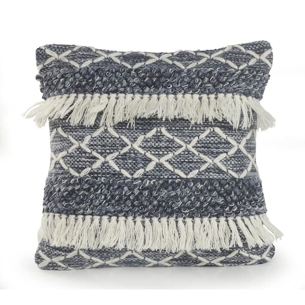 Unbranded Fuzz Textured Navy / Ivory 20 in. x 20 in. Fringe Wool Standard Indoor Throw Pillow