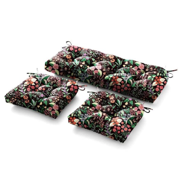 3 Piece Outdoor Loveseat Cushions Deep Seating 19"L x 44"W x 5 in. H For Patio Furniture Cushion With Tie, Black Floral