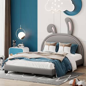 Gray Wood Frame Full Size Upholstered Leather Platform Bed with Bunny Ears Headboard