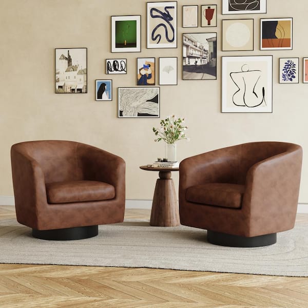 Coffee PU Leather Upholstered 360° Swivel Accent Barrel Chair with Wood Frame (Set of 2)