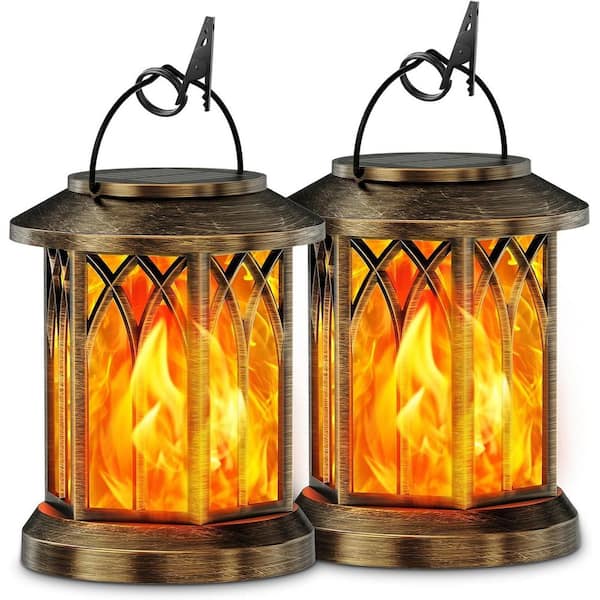 2-Pack Solar Decorative Lanterns-Outdoor Waterproof, Upgraded Flickering Flame, Auto On/Off, Bronze Hanging Design