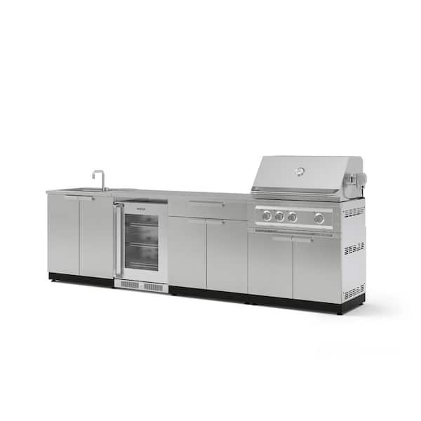 Outdoor Kitchen 4-Burners Natural Gas Grill Island in Stainless Steel Grove with 33 in. Platinum Grill, Sink and Fridge