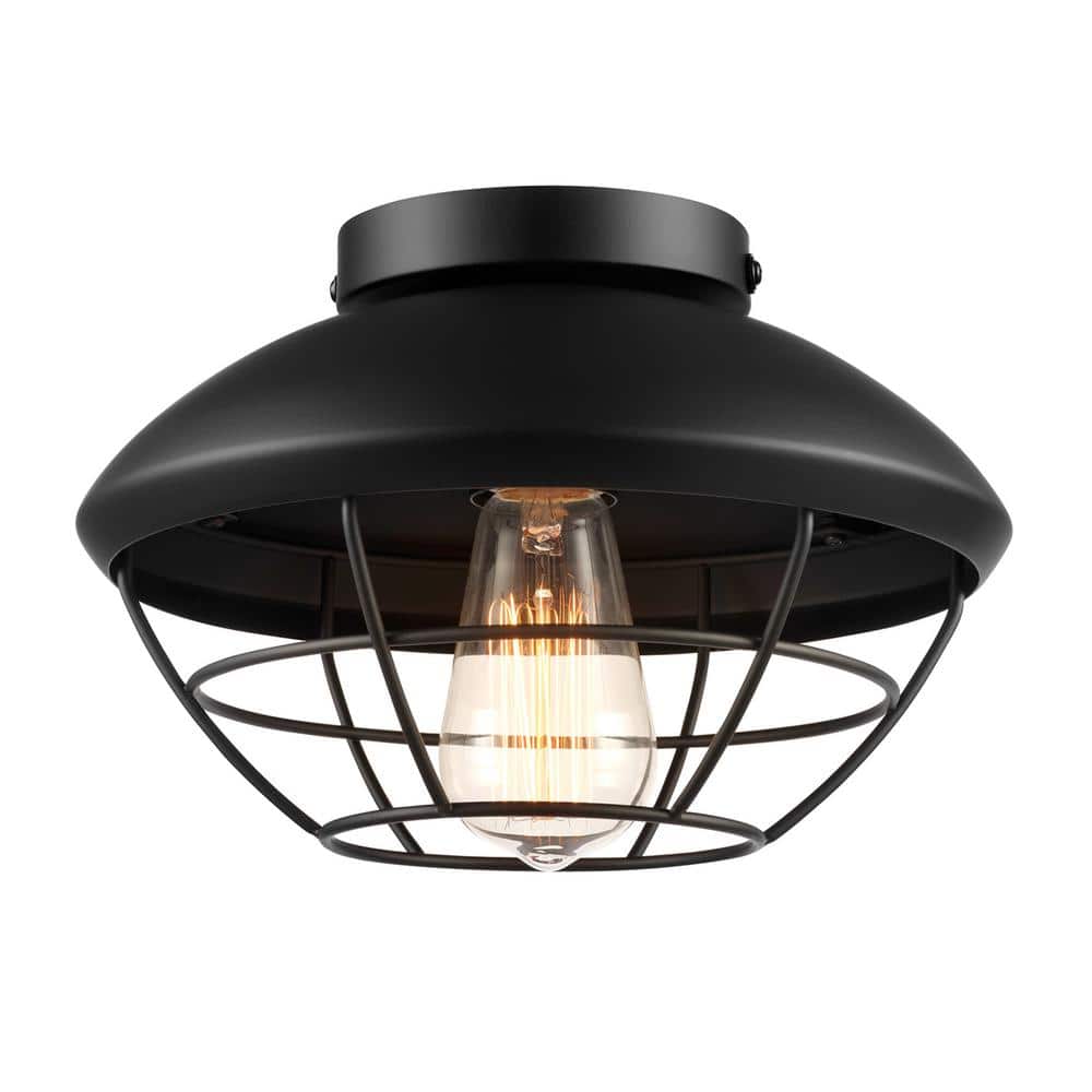 Matte Black Metal Cage Flush Mount Outdoor Ceiling Light