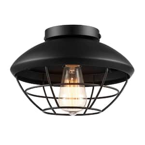 1-Light Matte Black Outdoor Flush Mount Ceiling Light with Metal Cage Shade