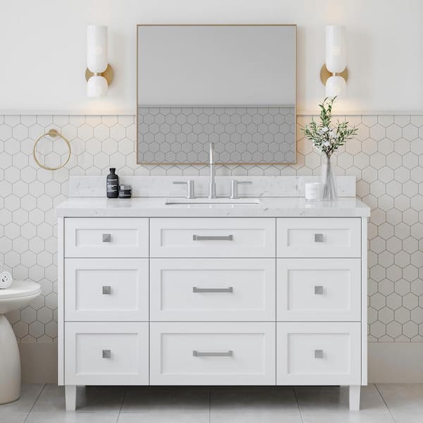 ARIEL Monroe 54 in. W x 22 in. D x 36 in. H Single Rectangle Sink Bath Vanity in White with Carrara White Quartz Top