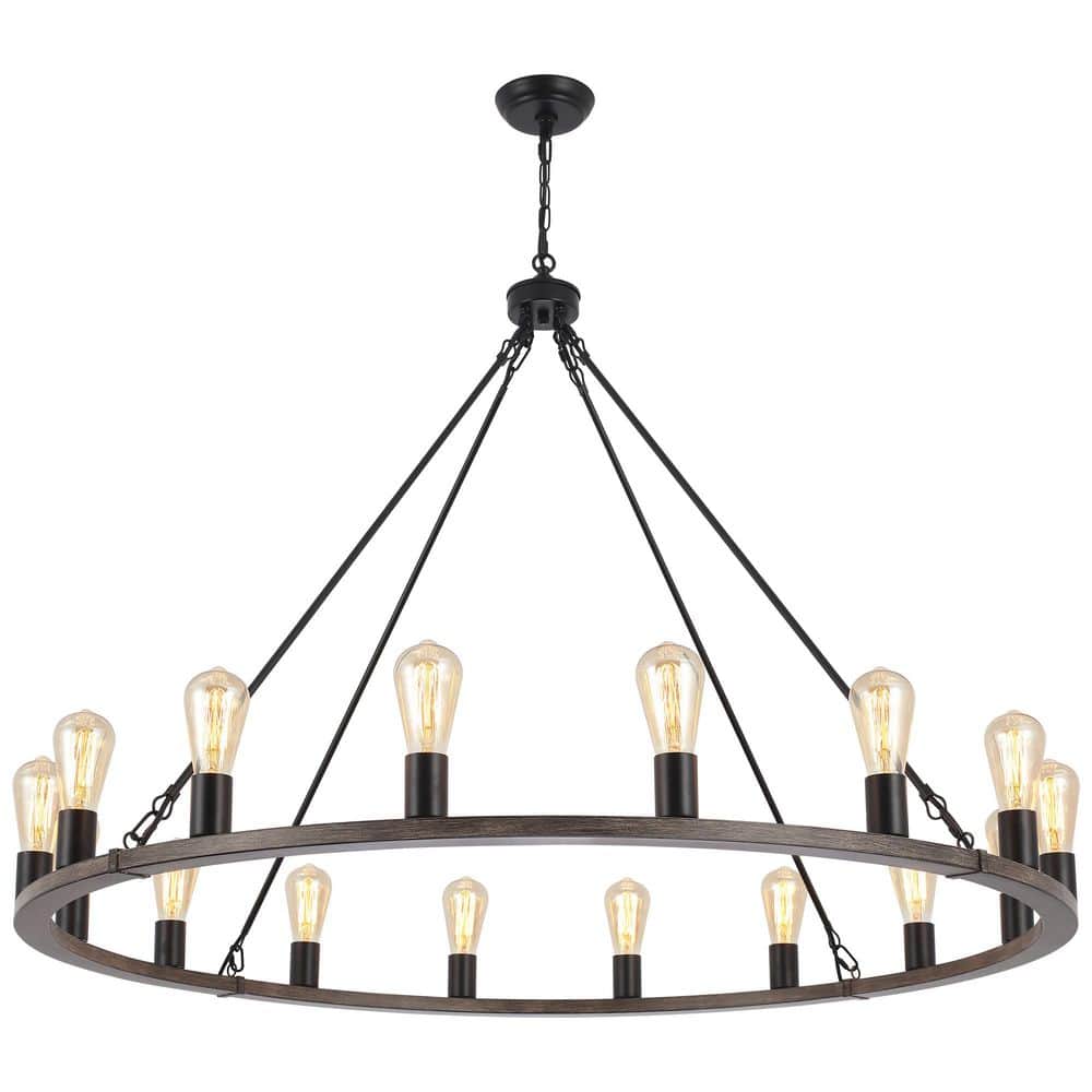 16-Light Matte Black/Wood Grain Wagon Wheel Chandelier for Living Room Kitchen Island with No Bulbs Included price history on PriceWatchPro