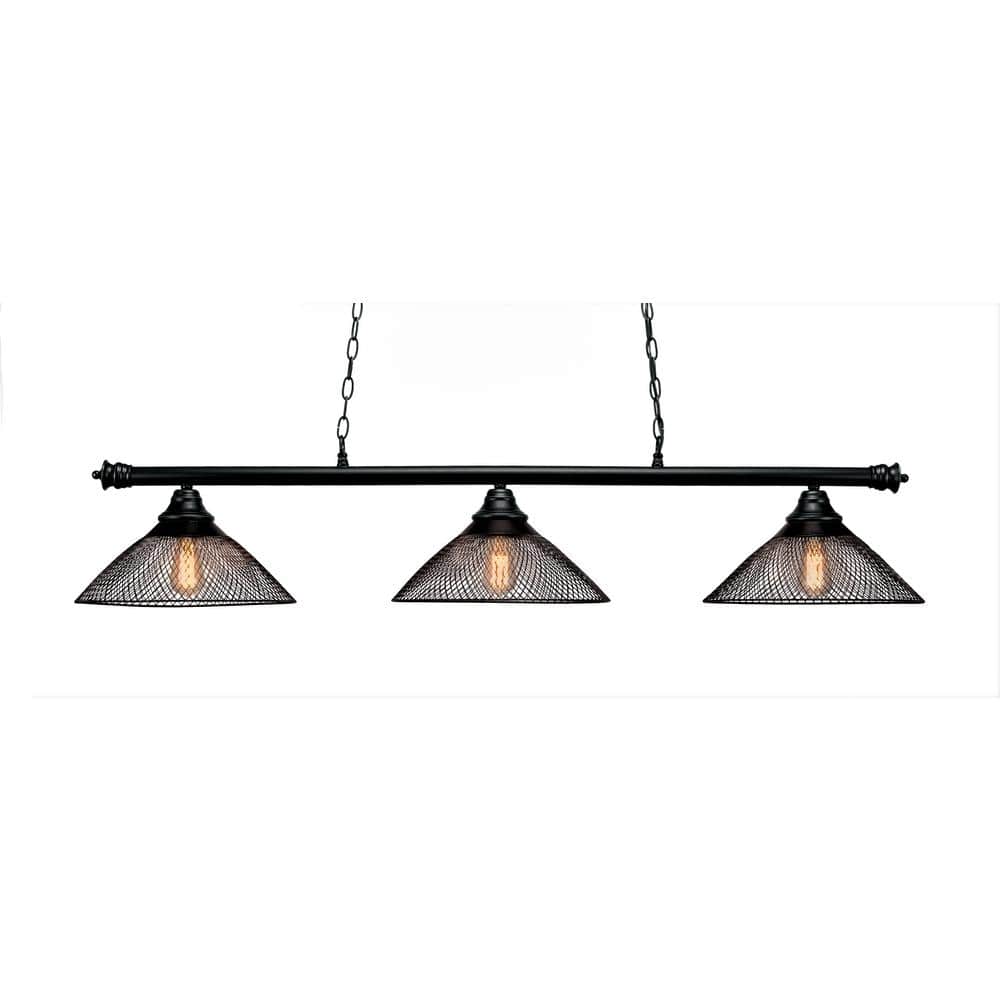 Evanston 3-Light Matte Black Billiard Light with Matte Black Metal Shades