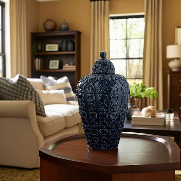 12 in. Blue Stoneware Round Decorative Vase with Embossed Details and Lid