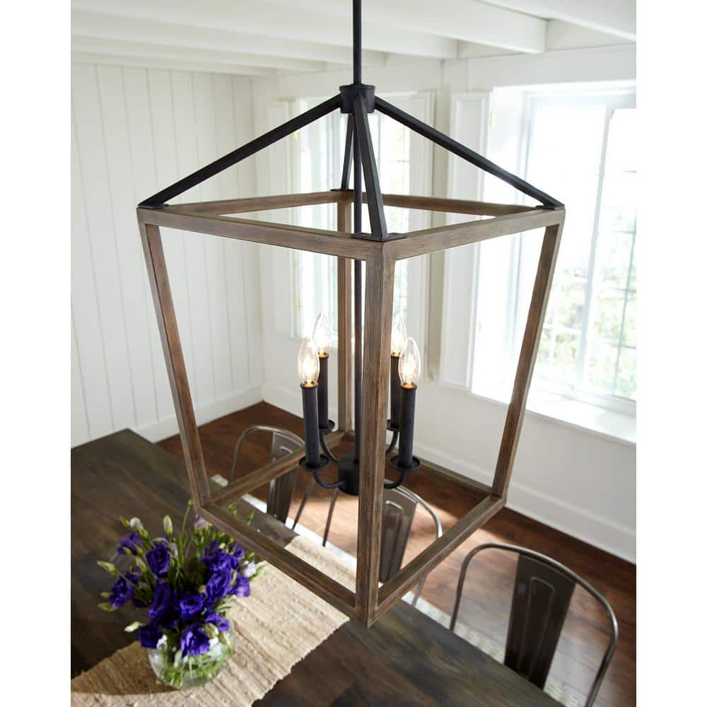 Mini Buford 4-Light Weathered Oak and Forged Iron Candle Chandelier