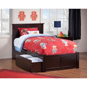 Madison Espresso Twin Solid Wood Storage Platform Bed with Flat Panel Foot Board and 2 Bed Drawers